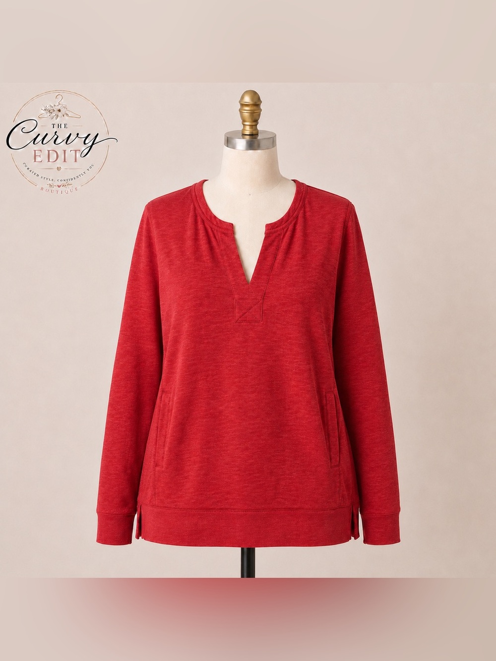 J. Jill XL Red Split Neck Sweatshirt Tunic with Pockets Classic Staple Casual